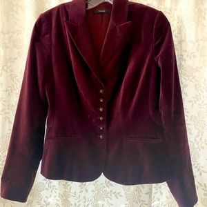 TAHARI velvet blazer with heeled antique buttons, eggplant color, size large.